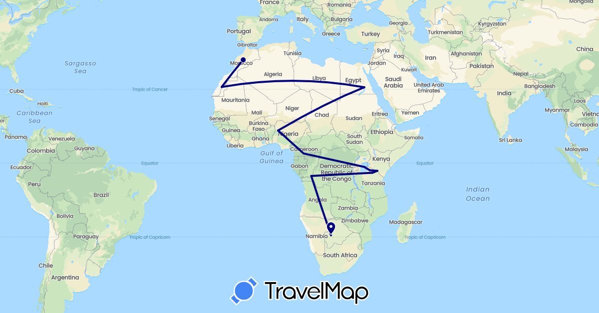 TravelMap itinerary: driving in Botswana, Democratic Republic of the Congo, Cameroon, Egypt, Kenya, Morocco, Nigeria, Tanzania (Africa)